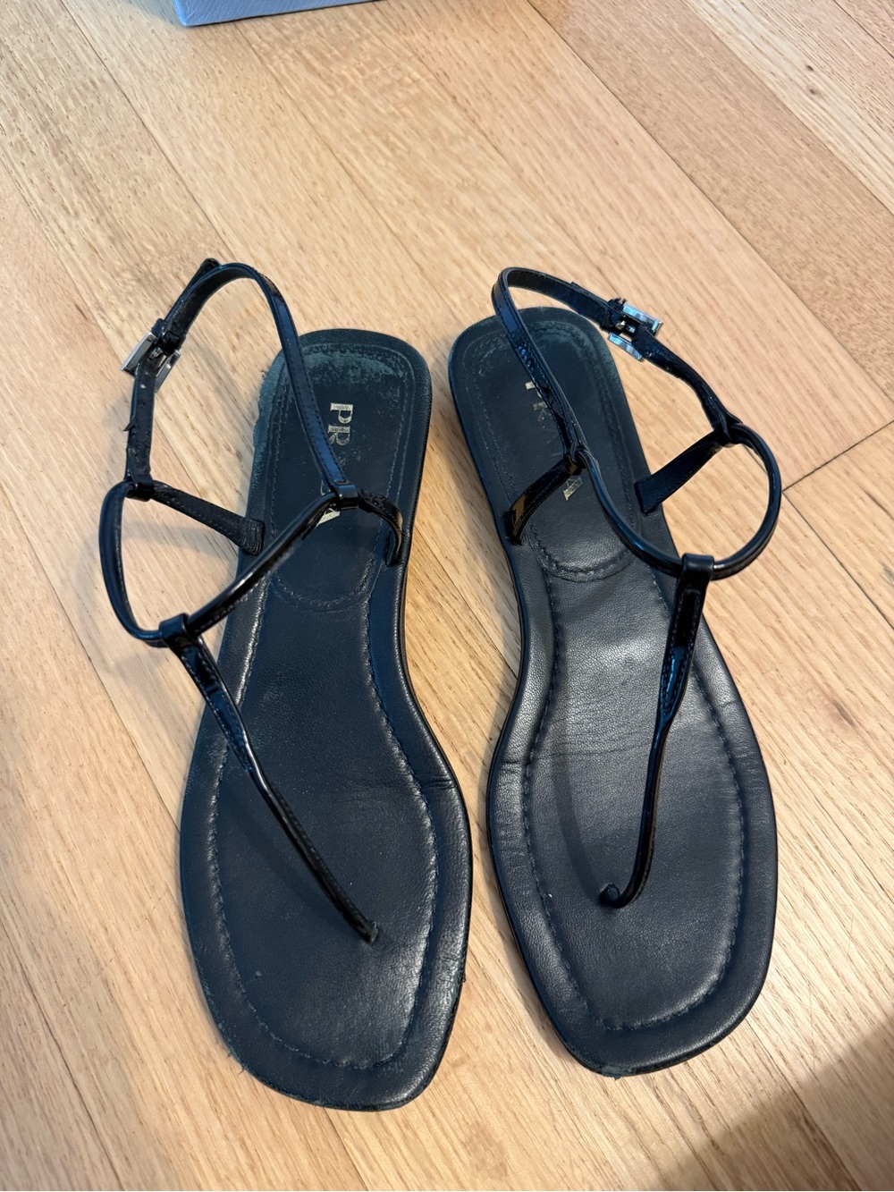 Prada Black Patent Leather T-Strap Flat Sandals